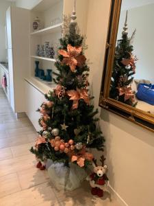 Un árbol de Navidad en una sala de estar junto a un espejo en Casa Baia Flaminia, en Pesaro