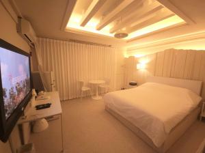 a bedroom with a bed and a flat screen tv at 대전 유천 샌디스테이  +8 photos