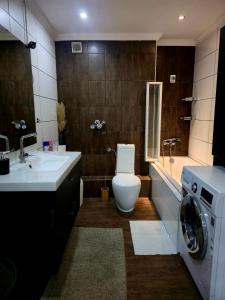 a bathroom with a toilet and a sink and a washing machine at Cologne Düsseldorf Perfekte Unterkunft für die Messen in Dormagen