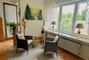 a living room with chairs and a table and windows at Harz-Fewo-Wolf in Bad Harzburg