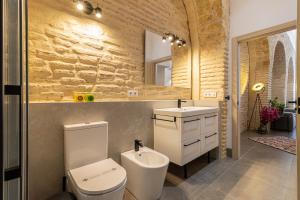 a bathroom with a toilet and a sink and a mirror at Musart Entre Artes in Jerez de la Frontera