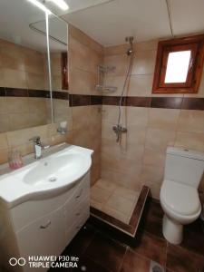 ein Badezimmer mit Waschbecken, Toilette und Dusche in der Unterkunft Villa Anastasia 1ος Όροφος Εξοχικής Παραθαλάσσιας Κατοικίας Νέα Ηράκλεια Χαλκιδικής in Nea Iraklia