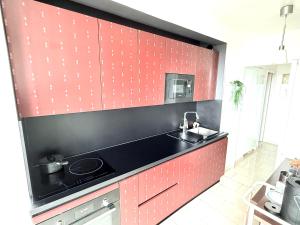 een rode keuken met een wastafel en een magnetron bij Chambre Famille d'accueil entre Paris et Disney douze minutes centre Paris in Neuilly-sur-Marne