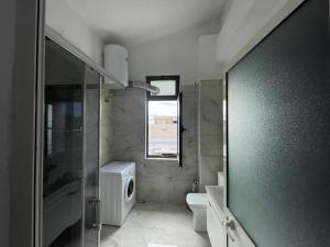 a bathroom with a shower and a toilet and a sink at I&O Loft360 in Shkodër