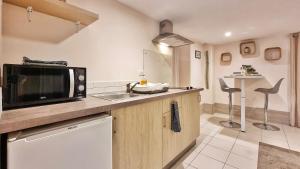 een keuken met een spoelbak en een magnetron bij Gîte Renaud et Lauren - Terrace - Horbourg-Wihr in Horbourg