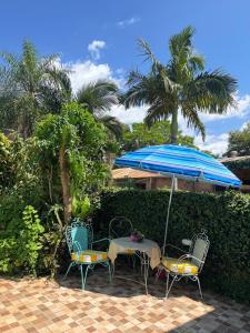 einen Tisch und Stühle mit einem Sonnenschirm und Palmen in der Unterkunft Tuchita House en Cataratas con piscina compartida parrilla, cochera in Puerto Iguazú