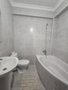 ein Badezimmer mit Badewanne, Toilette und Waschbecken in der Unterkunft Красивая квартира на Телецентре in Chişinău