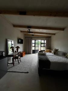 a bedroom with a bed and a desk and a mirror at Rietfontein 1888 in De Aar