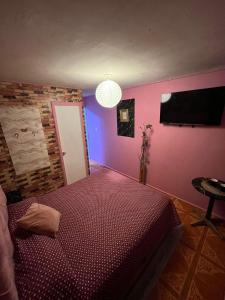 a bedroom with a bed and a pink wall at Hotel del valle san Miguel 530 in Melipilla +9 photos