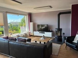 ein Wohnzimmer mit Sofa und Kamin in der Unterkunft Lina's Ferienwohnungen - zwei moderne FeWos mit Sauna im Haus und fantastischem Ausblick in Sankt Andreasberg