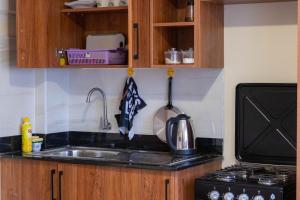 Una encimera de cocina con un fregadero y una estufa. en Hazel Studio with free WI-FI, en Nanyuki