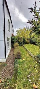 a yard next to a white house with a grass yard at Charming 3 bed kent Cottage in Chilham