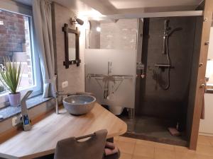 a bathroom with a sink and a shower at Pension Zur Mühle in Nettetal +1 photo