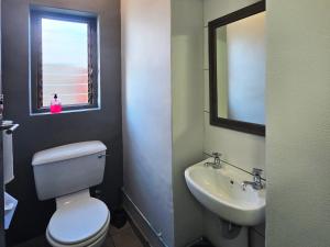 een badkamer met een toilet, een wastafel en een spiegel bij Beds Inn George in George