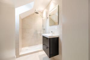 une salle de bains avec douche, lavabo et miroir dans l'établissement Chez Lilly - Neuf - Haut de Gamme - Tram - Proche centre-ville - Tout confort, à Strasbourg