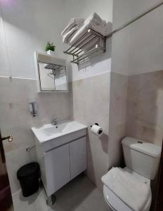 a white bathroom with a toilet and a sink at Alojamentos Altamira in Formigal +36 photos