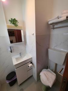 Un baño con lavabo, inodoro y espejo. en Alojamentos Altamira, 