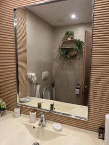 a bathroom with a sink and a large mirror at INNA Studio Rin Residence in Bucharest