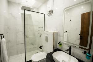 Un baño con ducha, inodoro y lavabo. en Superior Pyramids View, en El Cairo