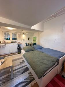 a bedroom with a large bed and a kitchen at Historisches Backhäuschen Studio in Watzelhain