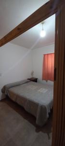 a bedroom with a bed and a red curtain at Departamento Dai in Jesús María