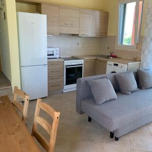 een keuken met een bank en een witte koelkast bij Villa Voula agios Ioannis Lefkada in Lefkada +61 foto's