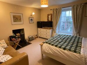 a bedroom with a bed and a tv and a window at Chateau Terrace Georgian House in Chepstow
