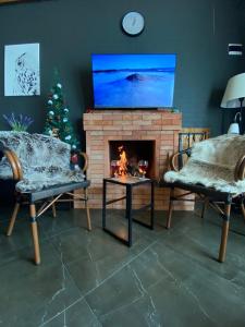 a living room with a christmas tree and a fireplace at TwinSide Chalet Bakuriani in Bakuriani +31 photos