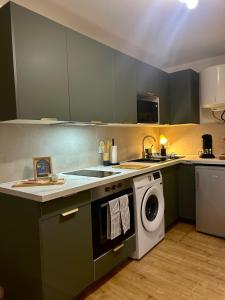 a kitchen with green cabinets and a washing machine at Le cocon du centre in Pontarlier