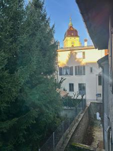a building with a clock tower and a tree at Le cocon du centre in Pontarlier
