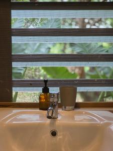 a sink with a window and a bottle of soap at Le Pavillon, at La Petite Ferme 2BRoom with private fireplace in Grand Sable