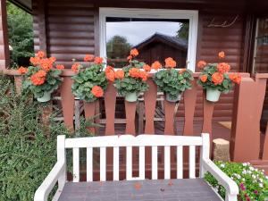 a white bench sitting in front of a window with flowers at Ard Darach Lodge in Dunoon