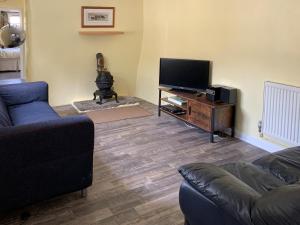 un salon avec un canapé et une télévision à écran plat dans l'établissement Orchard Bank Cottage, à Longhope