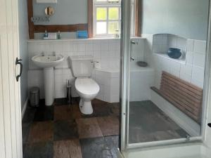 une salle de bain avec toilettes, lavabo et douche dans l'établissement Orchard Bank Cottage, à Longhope 2 autres photos