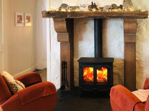 einen Kamin im Wohnzimmer mit Kamin in der Unterkunft Owl Cottage in Kilmote