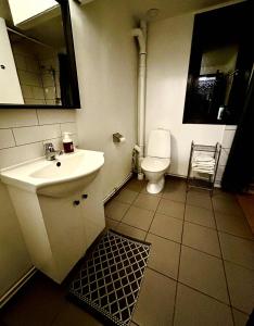 a bathroom with a sink and a toilet at Halek Hem - Haga loft in Enånger +20 photos