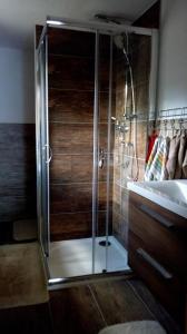 a shower with a glass door in a bathroom at Chalupa Aja in Čierny Blh