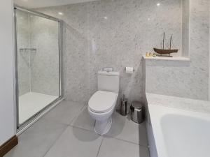 a bathroom with a toilet and a shower and a tub at Bramble in Hartland +11 photos