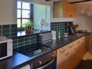 a kitchen with a sink and a microwave at The Hayloft Barn in Criccieth