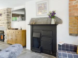 a living room with a black fireplace with a stone at Bryn Salem in Mallwyd