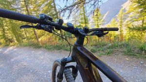 a bike parked on a dirt road with trees at Studio tout équipé, piscine chauffée, départ skis aux pieds in Les Orres
