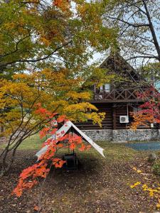 a house with a kite in front of it at Hakuba Riverside Loghouse in Hakuba