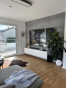 a living room with a large flat screen tv at Willkommen in Ihrem Luxus-Penthouse in Ziegelhausen
