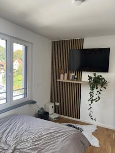 a bedroom with a bed and a flat screen tv at Willkommen in Ihrem Luxus-Penthouse in Ziegelhausen +10 photos