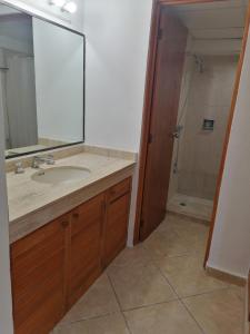 Un baño con lavabo y ducha con espejo. en Beautiful condo a few steps to sea, en Cancún