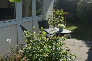 a table with two potted plants on a patio at Kiek mol in in Ottensen