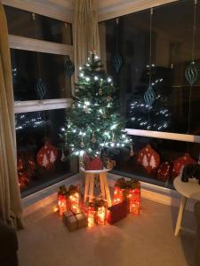 a christmas tree with presents in front of a window at High-End Beachfront Getaway Sea View King Bed in East Wittering