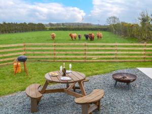 una mesa de picnic y sillas con vacas en un campo en Greengill Farm Shepherds Hut- Ukc3632, en Gilcrux