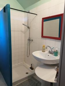 een badkamer met douche, wastafel en toilet bij Le gîte du loir à vélo, gîte d'étape, maison de campagne in Marçon