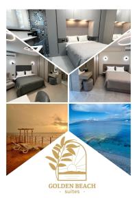 un collage di foto di una camera d'albergo con letti di Golden Beach Suites a Sarandë
